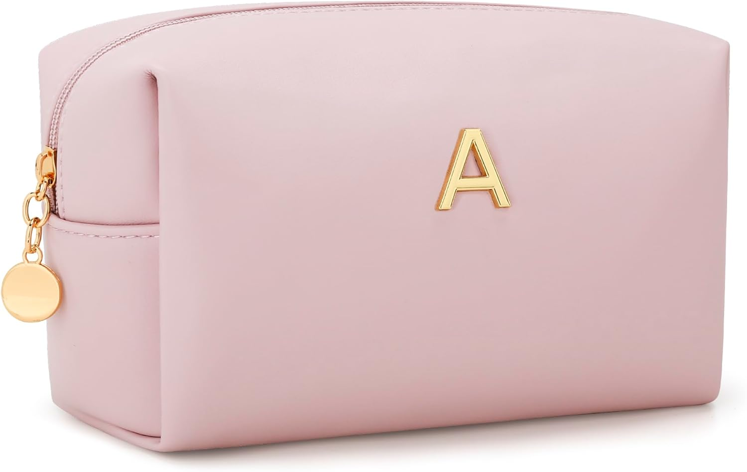Personalized blush vegan leather makeup bag with gold initial A